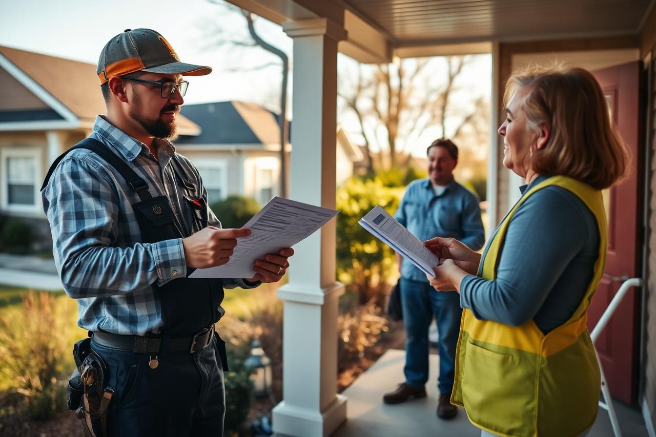Roofing contractor reviewing an estimate with homeowners on a suburban front porch