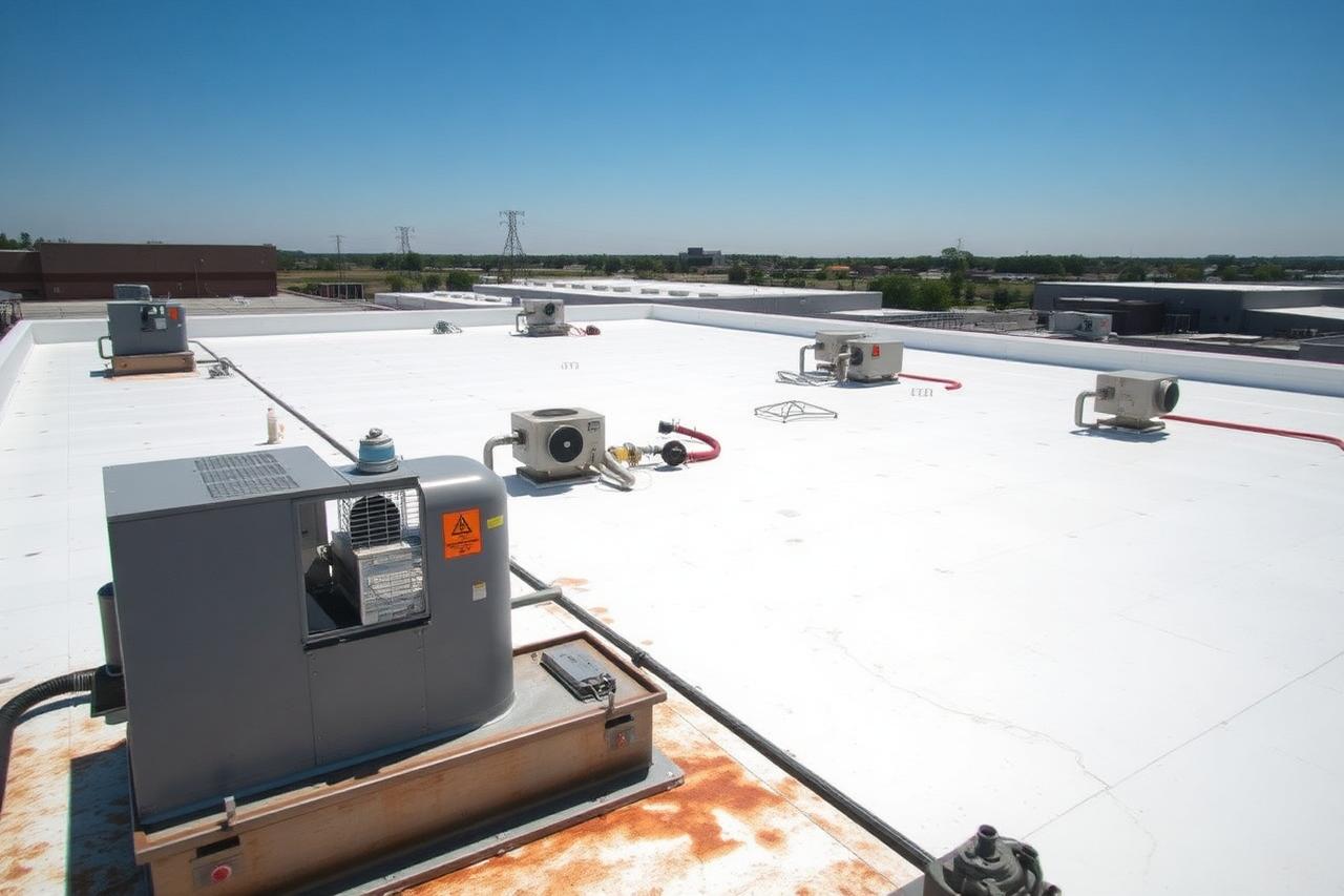 White TPO membrane commercial flat roof with rooftop HVAC units