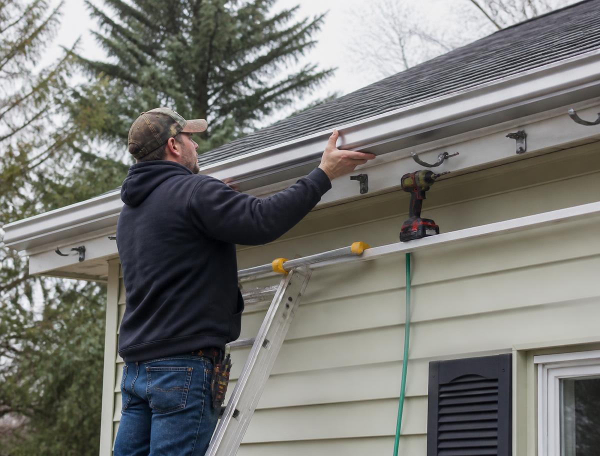 Worker fitting a seamless aluminum gutter to a fascia board