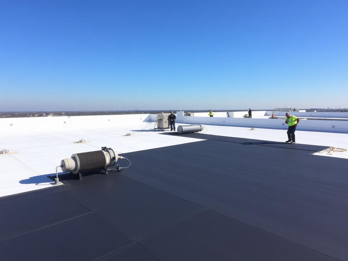 Commercial flat roof with white TPO membrane being installed