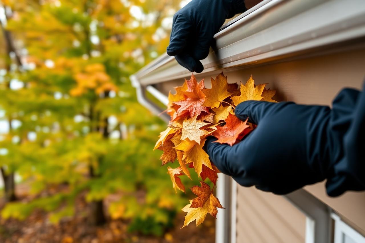 Gloved hands pulling wet autumn leaves from a seamless aluminum gutter