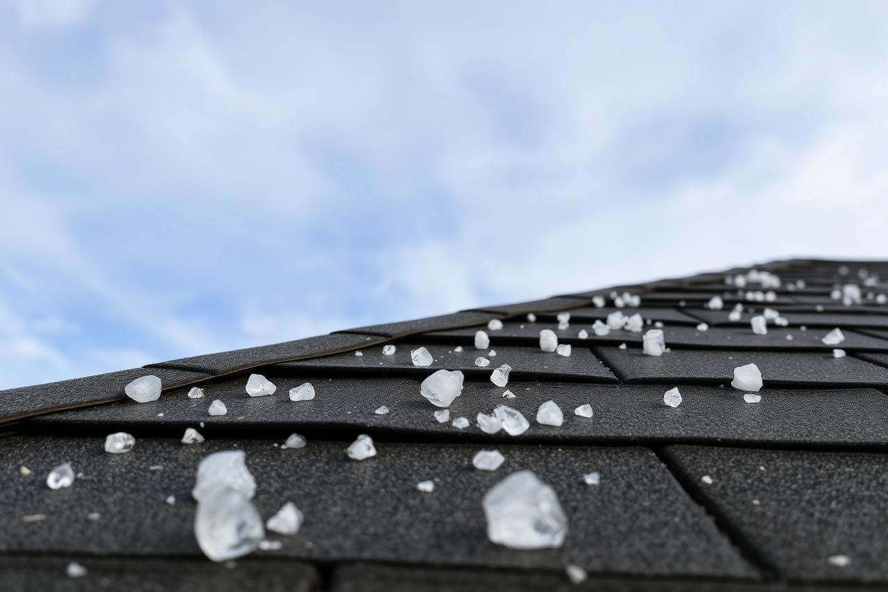 Hailstones scattered across a dark asphalt shingle roof after a storm
