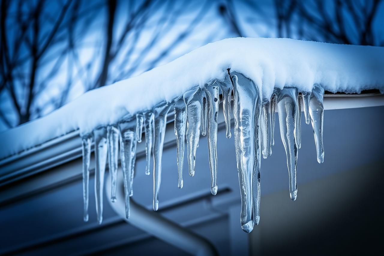 Thick icicles and an ice dam along the snowy eave and gutter of a Minnesota home