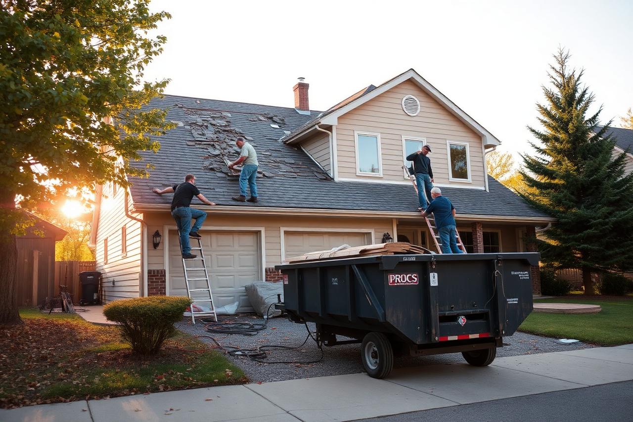 Roofing crew tearing off old shingles on a suburban Minnesota home with a dumpster in the driveway