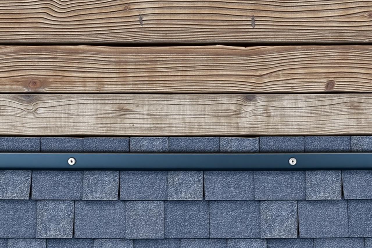 Asphalt shingle, metal panel, and synthetic shake roofing samples side by side